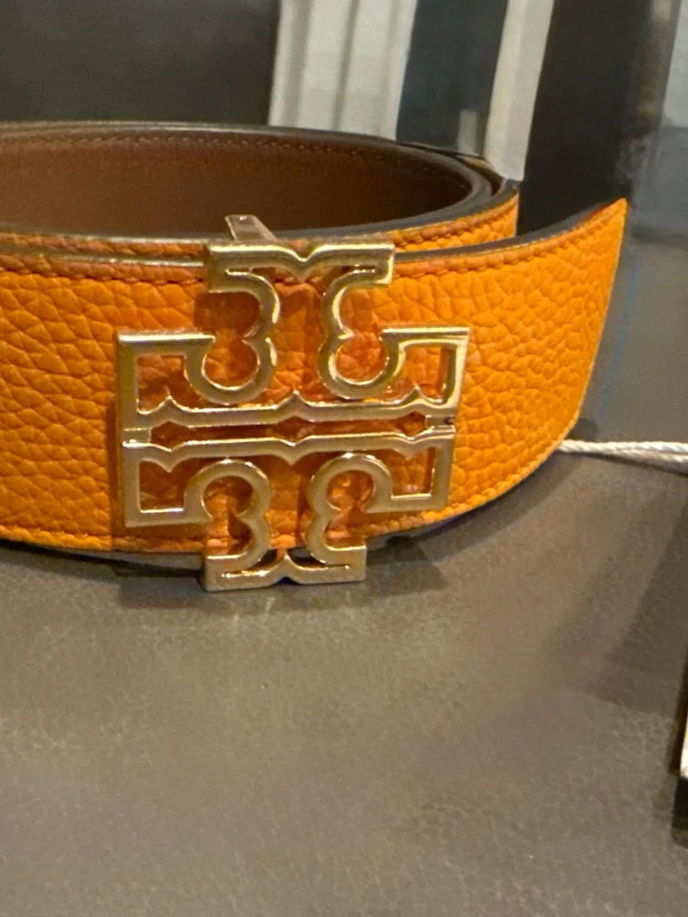 NWT Tory Burch Reversible Britten Leather Belt 1.5” XS Orange Citrine Moose Gold